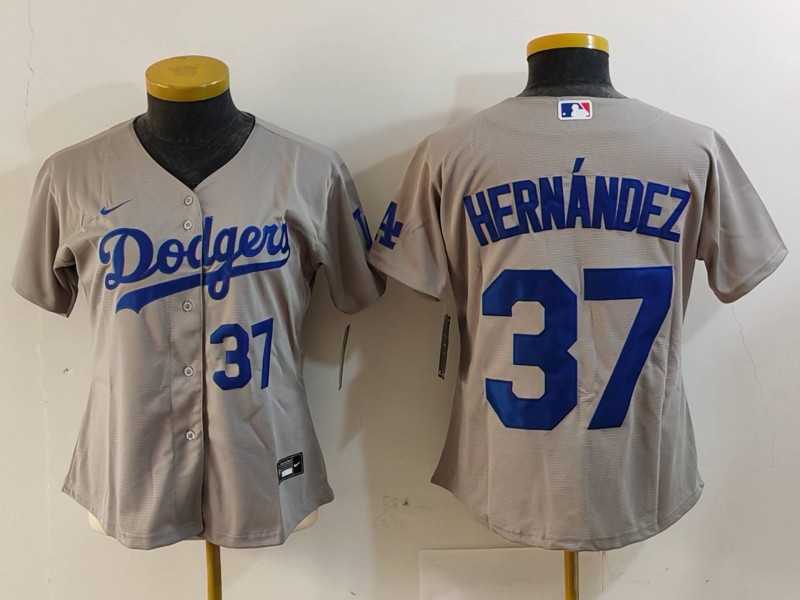Women%27s Los Angeles Dodgers #37 Teoscar Hernandez Number Grey Cool Base Stitched Jerseys